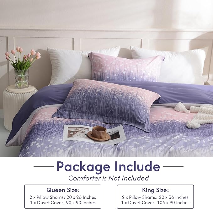 LONAVA King Patchwork 3 Pcs Duvet Cover Set, Breathable Soft Microfiber Purple Lining Comforter Cover with Zipper Closure, and 2 Anti-Pilling, Fade Resistant Pillowcases, Purple Blossom