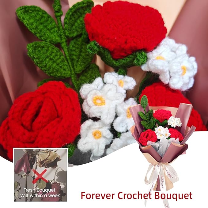Crochet Rose Flower Bouquet, Red Rose Forget Me Not Knitted Artificial Flowers, Handmade Finished Crochet Bouquet, Gift for Mother Wife Women