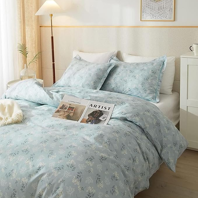VM VOUGEMARKET Garden Blue Flower Comforter Set Full Soft Fluffy Microfiber Comforter Chic Floral Printed Bedding Set Vintage Flowers Botanical Comforter Set All Season Use