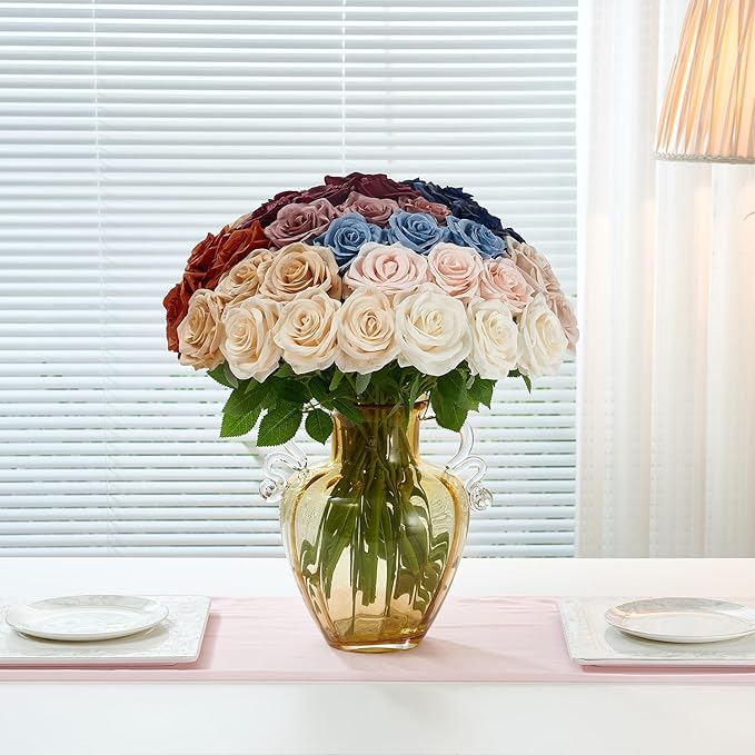 50Pcs Dusty Rose Roses Artificial Flowers Artificial Silk Roses Bulk,Fake Roses Flower with Stems Realistic Flowers for Wedding Centerpiece Home Party Decor