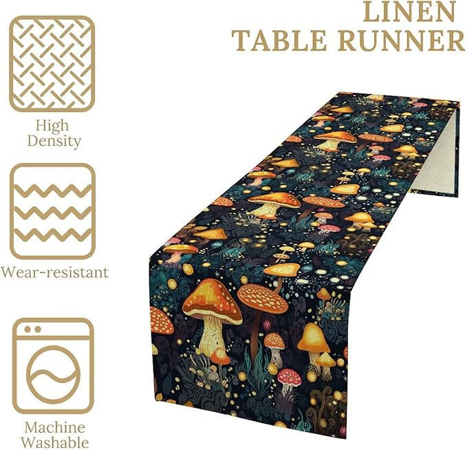 Mushrooms Forest Table Runner, Fairy Woodland Wildflower Herbs Plants Colorful Botanical Natural Farmhouse Table Runner for Kitchen Dining Table Decor, 13x60inch