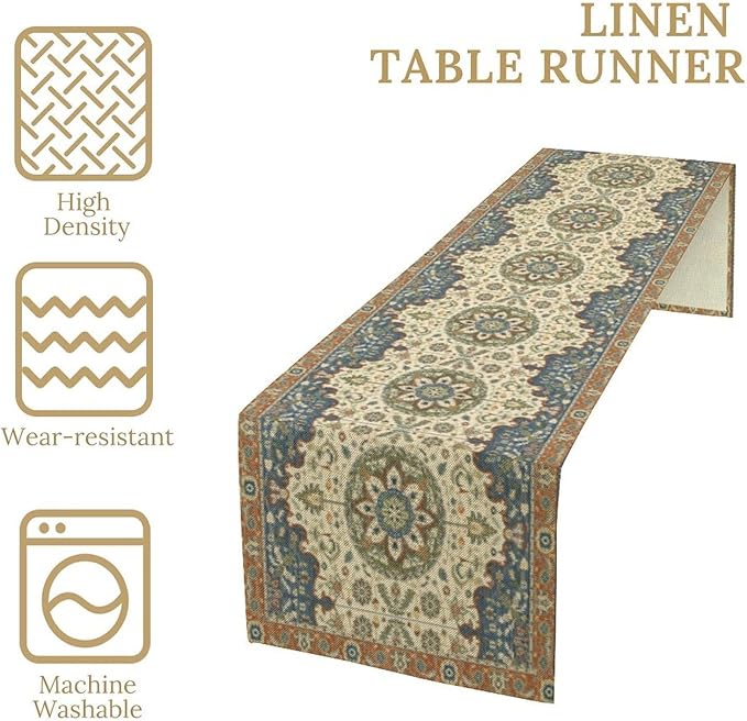 Boho Bohemian Table Tunner, Vintage Neutral Traditional Mandala Floral Blue Beige Medallion Table Runner for Kitchen Dining Outdoor Indoor Home Decor, 13x108 Inch