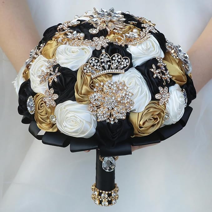 Handmade Satin Rose Floral Bling Pearl Decor Bridal Wedding Bouquet Rhinestone Pendant Artificial Brooch Flowers for Bride Bridesmaid Quinceanera