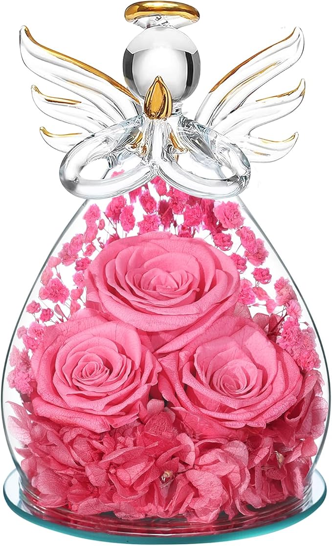 Beferr Christmas Birthday Gifts for Women, Mom Gifts for Christmas Fresh Flowers for Delivery Prime Forever Preserved Rose in Glass Angel Figurine Xmas Gifts for Grandma Wife Sister Her, Rose Pink