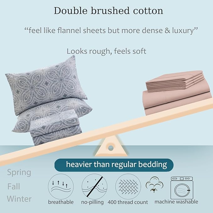Zusbest King Size Sheets 100% Percale Cotton Grey Bed Sheet Set, Brushed Extra Softness, Breathable Luxury Flannel Like Sheets Modern Classic Navy Printed Deep Pocket Bed Set 17.5'' 4 Pcs