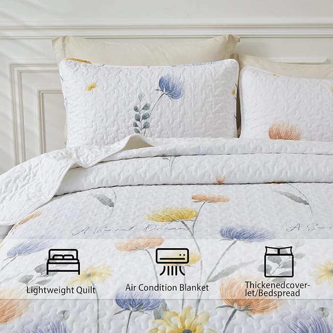 Dinjoy Floral Quilt Set Twin Size, Blue Yellow Bedspreads 2 Pieces Cute Bedding Set Lightweight Farmhouse Quilts Soft Flower White Coverlet Bed Sets for Summer Women 68"x86"