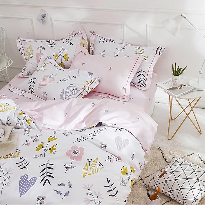 HighBuy Girls Duvet Cover King Floral Aesthetic Coquette Bedding Set White Pink Premium Cotton Teens Flower Bedding Set King Kids Comforter Cover Soft Branches Bedding Collection King Pink