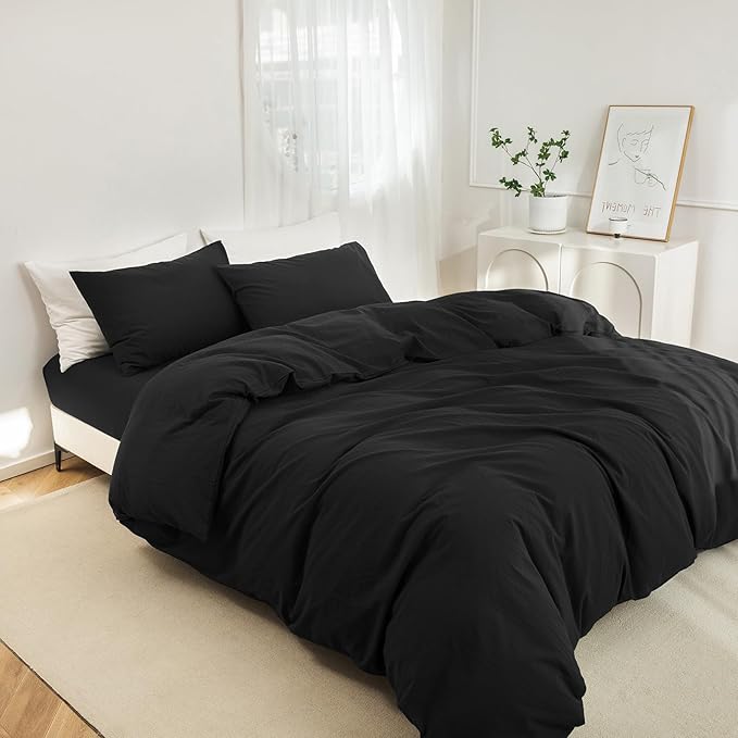 JIYUAN 100% Washed Cotton Duvet Cover Set 3 Pieces Super Queen, 1 Duvet Cover 90x98 Inches(Comforter Not Included) and 2 Pillowcases,Linen Feel Bedding Set Comfy and Breathable,Black