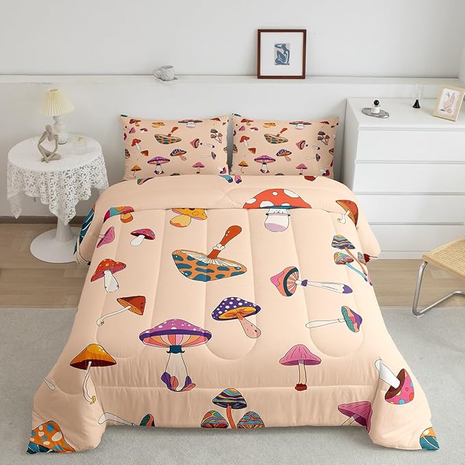 Retro Trippy Mushroom Bedding Comforters King Size,Hippie Plant Duvet Set for Bedroom Decor,60s 70s Cartoon Style Durable Comforter Set with 2 Pillowcases