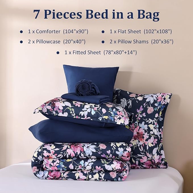 Dobuyly King Size Comforter Set, 7 Pieces Navy Blue Floral Comforter Set, Bed in a Bag King with Botanical Flowers Pattern, All Season Farmhouse Bedding Set with Sheets, Pillowcases & Shams
