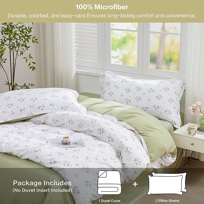 SAPHREAS Queen Duvet Covers White Cute Floral Bedding Set with 8 Corner Ties and 2 Pillow Shams Microfiber Reversible Duvet Cover Set with Zipper Closure?Green