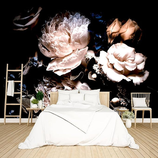 Black Peony Floral Wallpaper Bedroom Pink Botanical Flowers Leaf murals Living Room tv Background Large Wall Mural Aesthetic Room Decor - 183"x120" Not Peel and Stick