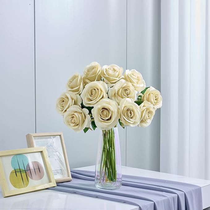 12pcs Roses Artificial Flowers Fake Rose Beige Silk Roses Tan Silk Flowers Rose with Long Stems for Wedding Home Party Centerpieces Decorations
