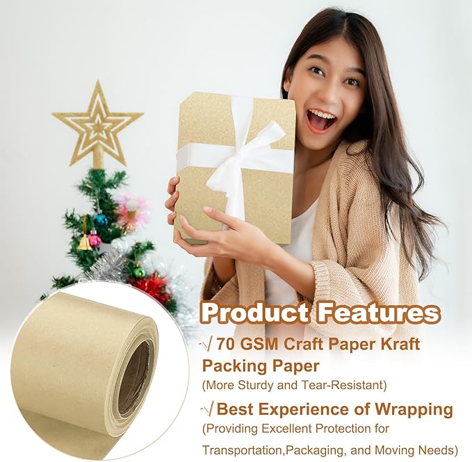 PATIKIL Wrapping Paper, 20" x 300"(25') 70 GSM Craft Paper Roll Kraft Packing Paper for Poster Bulletin Board, Gift Wrapping, Brown
