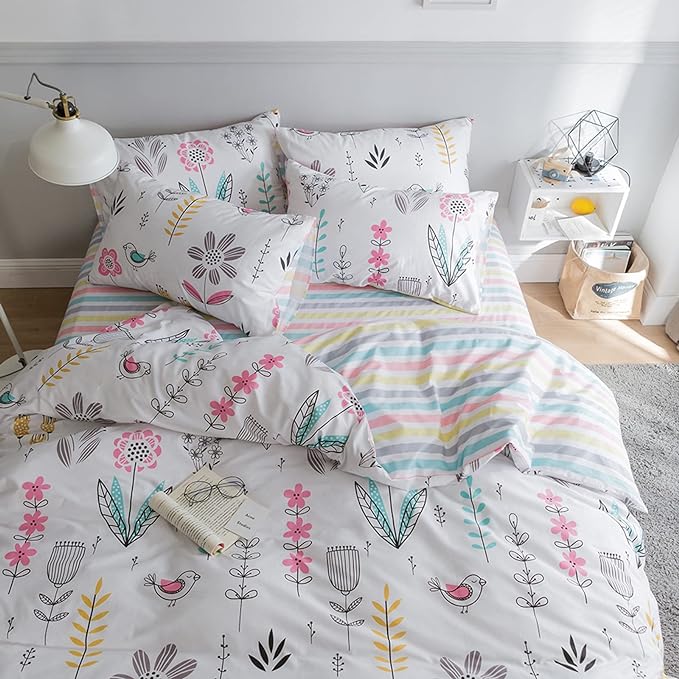 HighBuy Floral Printed Bedding Set Queen Duvet Cover Girls Cotton Comforter Cover Garden Aesthetic Reversible Striped Bedding Sets 3 Piece Queen Bed Boho Comforter Cover Duvet Cover Set
