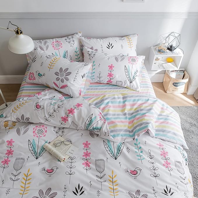 HighBuy Floral Printed Bedding Set Twin XL Duvet Cover Girls Cotton Comforter Cover Twin XL Size Garden Aesthetic Reversible Striped Bedding Sets 3 Piece Boho Comforter Cover Duvet Cover Set