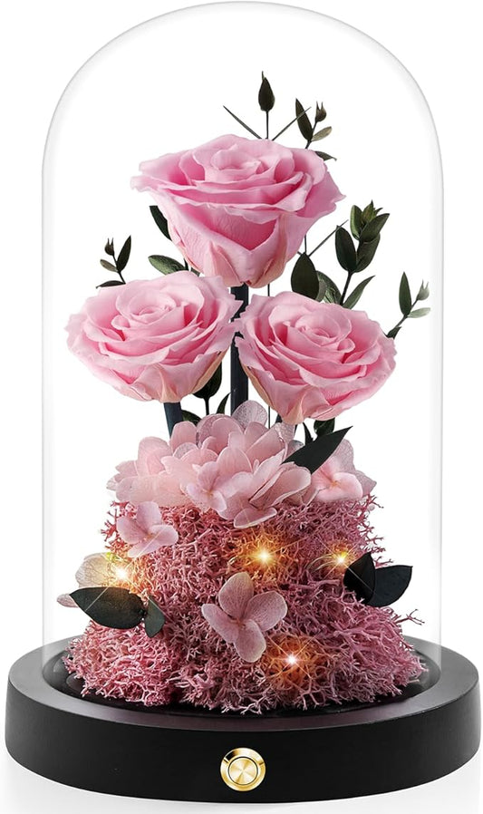 Christmas Flowers Roses Gifts for Mom,Forever Real Preserved Roses in Glass Dome,Christmas Anniversary Thanksgiving Gifts for Wife Girlfriend Women Best Friend GrandmaPink Rose