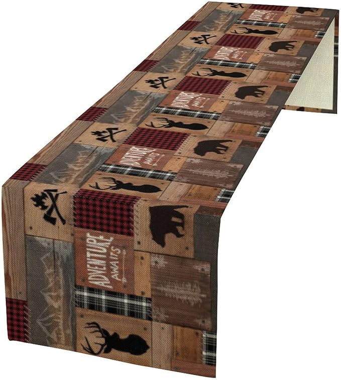Rustic Cabin Moose Deer Bear Table Runner, Retro Bear Cottage Country Style Cabin Farmhouse Dinner Runner for Home Kitchen Dining Table Decoration 13"x120"