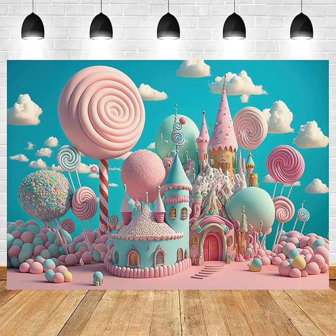 10x6.5ft Candyland Backdrop Sweet Candy Castle Photography Background Fantasy Lollipop Blue Sky White Cloud Cartoon Kids Birthday Banner Decorations Baby Shower Portrait Photo Booth Prop