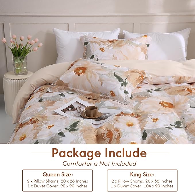 LONAVA Queen Flower 3 Pcs Duvet Cover Set, Breathable Soft Microfiber Biege Lining Comforter Cover with Zipper Closure, and 2 Anti-Pilling, Fade Resistant Pillowcases, Golden Flower