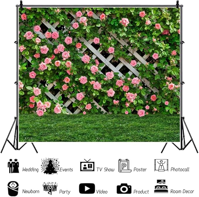 10x8ft Pink Rose Wall Background Flowers Green Leaf Photography Backdrop Girls Princess Birthday Baby Shower Wedding Cake Table Decoration Banner