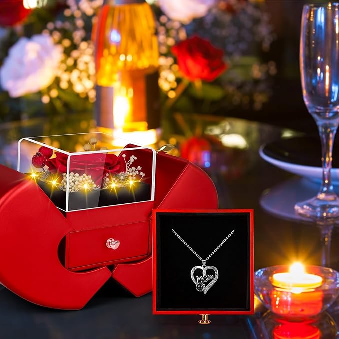 Gifts for Mom from Daughter and Son, Unique Mother Birthday Gift Idea, Preserved Red Real Roses with I Love You in 100 Languages Mom Necklace, Cool Present to Mother Mama -Red