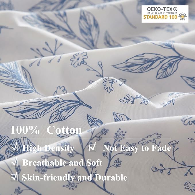 EAVD 3 Pieces Blue Floral Duvet Cover Full Size White Blue Soft Cotton Coquette Bedding Set for Girls Women Chic Shabby Garden Aesthetic Botanical Duvet Cover with Zipper Closure