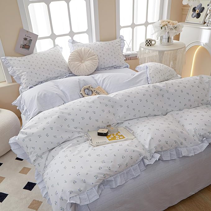 LifeTB King Comforter Set Blue Floral Comforter Set King Romantic Girls Ruffle Lace Bedding Set Fluffy Soft Lightweight Girls Comforter with 2 Pillowcases for All Seasons