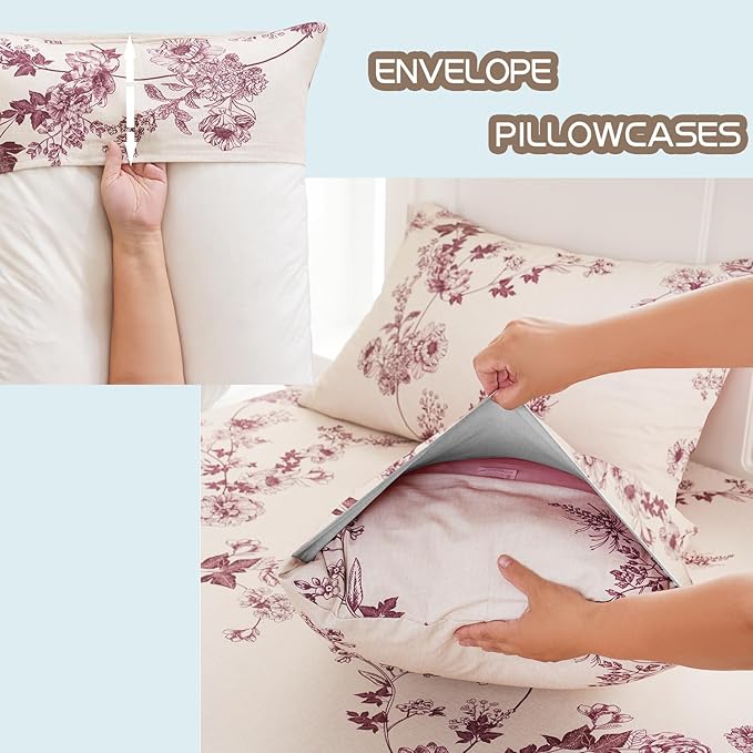 Zusbest California King Sheet Sets 100% Percale Cotton Red Floral Bed Sheet, Brushed Extra Softness, Breathable Toile Flannel Like Sheets Shabby Vintage Flower Print Deep Pocket Sheets 17.5'' 4 Pcs