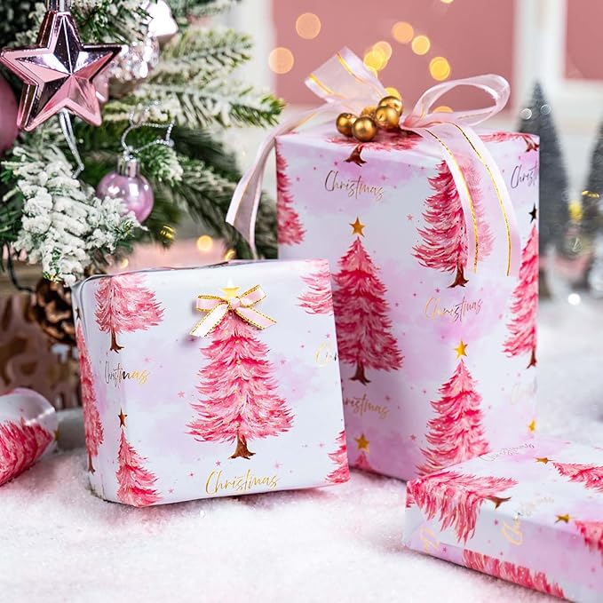 MAYPLUSS Christmas Wrapping Paper Roll, 17IN X 16.5FT Pink Gift Wrapping Paper Featuring Christmas Tree Little Star Reversible Cut Lines for Kids Holiday New Year