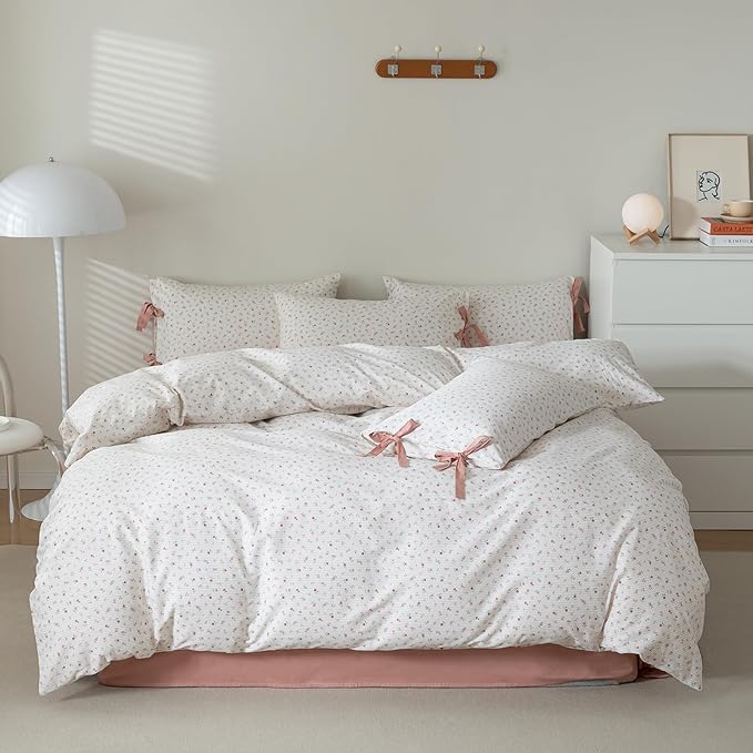 EAVD Fresh Garden Pink Floral Duvet Cover Twin Soft 100% Cotton Small Pink Floral Bedding Set for Girls with 2 Pillowcases Chic Shabby Botanical Duvet Cover with Zipper Closure