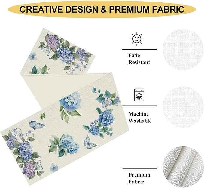Blue Floral Table Runner, Spring Summer Watercolor Hydrangea Flower Butterfly Country Farmhouse Coffee Table Center Decor for Home Kitchen Dining Patio Holiday Party Table Decorations 13x108 inches