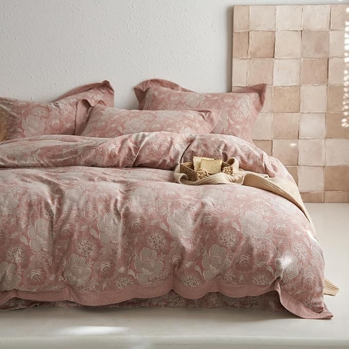 Jacquard Flower Duvet Cover King Retro Blush Pink Floral Duvet Cover Yarn-Dyed Textured Cotton Bedding Jacquard Flower Comforter Cover with Edge Design Vintage Farmhouse Floral Bedding Set King Size