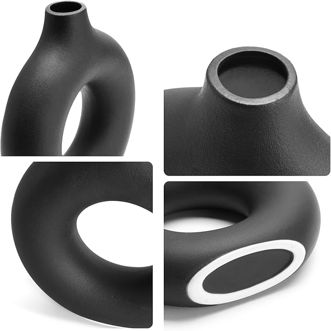 Minimalist Black Donut Ceramic Vase-9 Inch Boho Hollow Flower Vases for Tables Shelves Home Decor, Modern Decorative Circular Vase for Pampas Grass, Dried Flowers, Living Room, Farmhouse