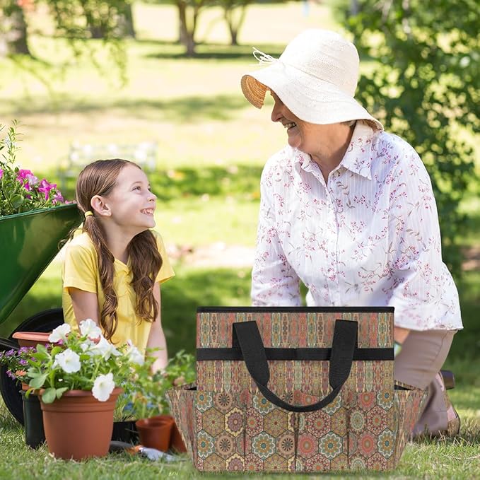 Ethnic Flowers Garden Tool Tote Bag for Women Men Gardening Tool Storage Bags with 10 Pockets Standable Garden Home Tool Kits Organizer for Indoor Outdoor Gardening Gifts