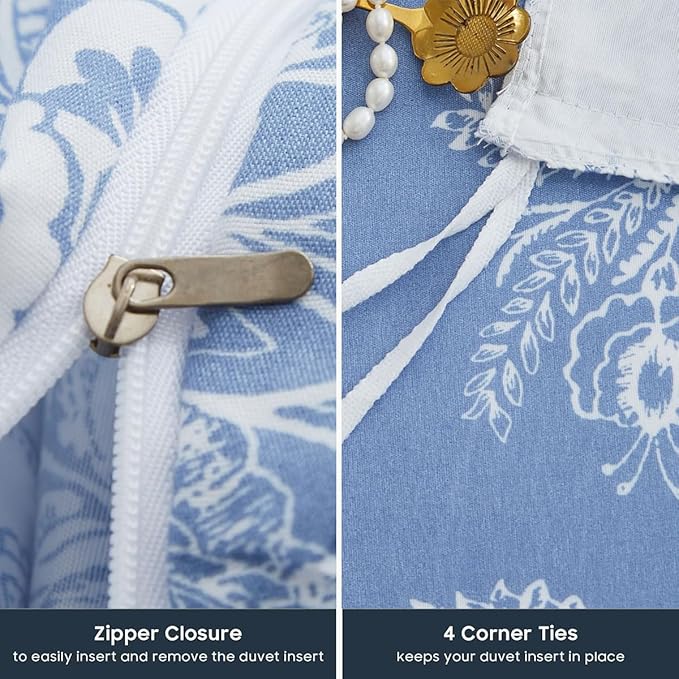 Nayoroom Floral Duvet Cover Set King Size Cottagecore White Blue Flower Leaf Comforter Cover 3Pcs Soft Breathable Microfiber Pastoral Garden Aesthetic Bedding Set with Zipper Closure