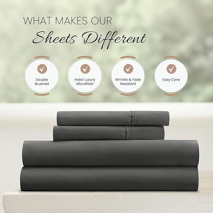 Linen Market Brushed Microfiber Full Sheet Set 4 Piece – Oeko-TEX Certified Ultra Soft & Wrinkle-Free - 16" Deep Pocket Sheets - Easy Care Full Size - Gray