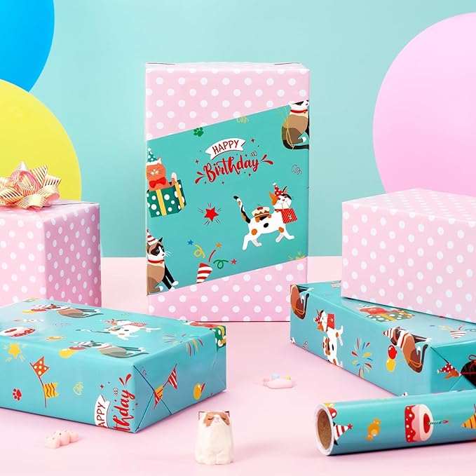 WERNNSAI Cat Birthday Wrapping Paper Roll - 1 Roll 17” X 33 ft Cat Gift Wrapping Paper Roll Girls Kids Birthday Green Pink Wrap Paper with Polka Dot Design for Gift Packing Supply