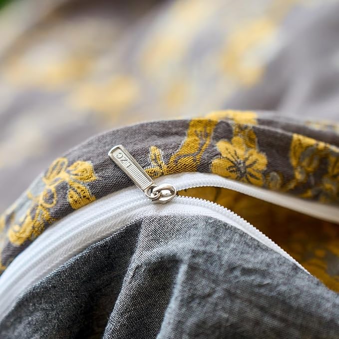mixinni Vintage Floral Duvet Cover King Set - Gold Jacquard & Grey Reversible, 100% Yarn-Dyed Double-Layer Cotton, Breathable & Luxurious Farmhouse Bedding (3-Piece, Includes 2 Pillowcases)