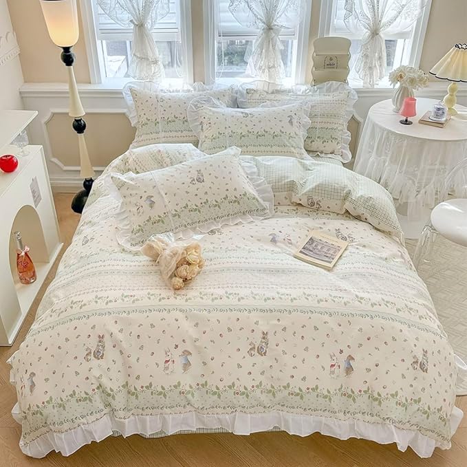Ruffle Floral Comforter Girls Flower Comforter Set Queen Aesthetic Leaves Floral Bedding Comforter with Cute Rabbit Reversible Green Plaid Comforter Princess Bedding Botanical Comforter Set