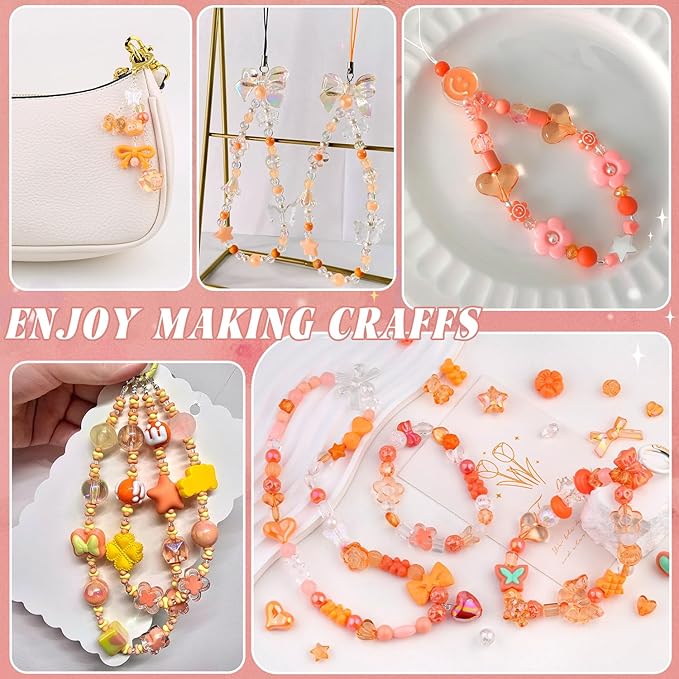 Assorted Acrylic Beads, 200-260PCS Orange Cute Beads for Bracelet Making, GummyBear Bow Flower Candy Kawaii Charms for Jewelry Making DIY Necklace Keychain Phone Charm Christmas Gift