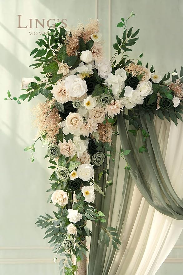 Ling's moment Wedding Arch Flowers with Sheer Drapes Kit - Artificial Spring Green Rose Floral Arrangements for Ceremony Backdrop, Arbor Decor, 5-Piece Set (2 Flower Stems + 3 Hanging Drapes)
