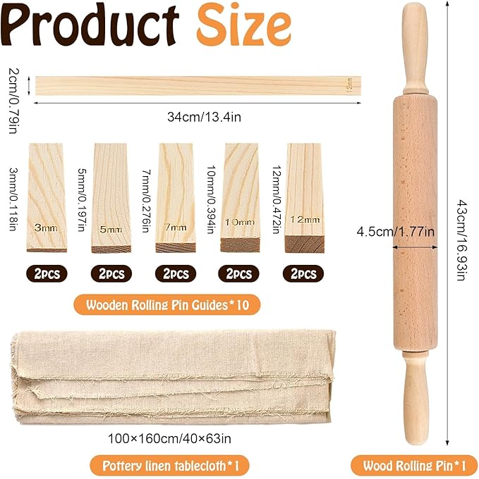 Akamino 20 Pcs Pottery Tools Include 1 Wood Rolling Pin,1 Portable Pottery Linen Tablecloth, 10 Pcs 5 Size Teaching Rolling Mud Stick Guide, 8 Clay Sculpting Tools for Manual Self Ceramic Clay Making