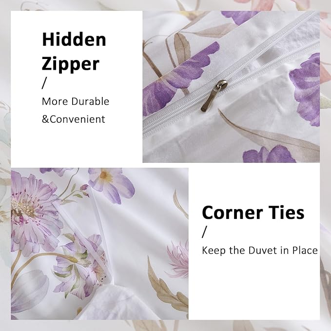 100% Cotton Duvet Cover Queen Size – Pastel Lavender Print Vintage Bedding Set with Zipper Closure, 3 Pieces Luxury & Silky Soft Comforter Cover for All Seasons