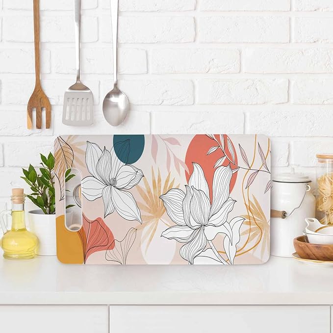 Floral Art Line Cutting Board Summer Tone Tropical Leaf Lotus Flower Grip Handle Chopping Boards Cutting Board for Kitchen Plastic 16" x 10" x 0.24"