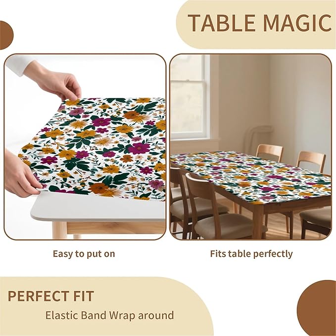 Rectangle Table Cloth Cover Waterproof Elastic Fitted Polyester Fitted Tablecloths for 8 Foot Tables for Indoor,Picnic, Camping, Outdoor （96" x 30"，Floral Print）