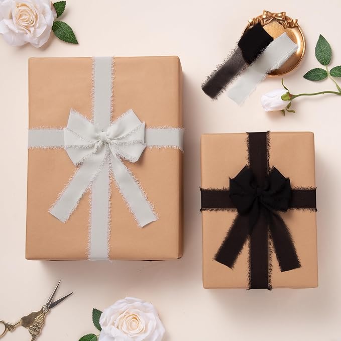 DORIS HOME Black Chiffon Ribbon for Flower Bouquet, 1" x21Yd Fabric Ribbon for Gift Wrapping, Handmade Frayed Ribbon for Wedding Invitations/Christmas Decorations