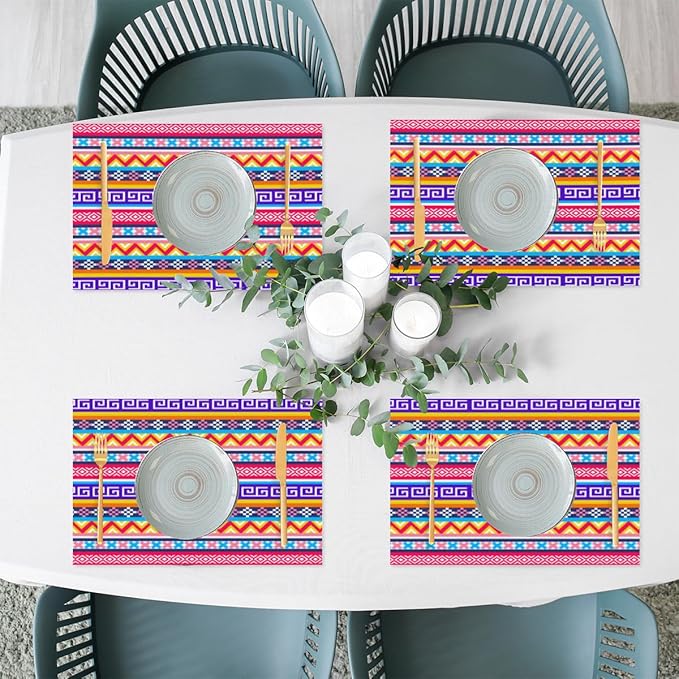 Aztec Rainbow Western Placemats Set of 6 PVC Vinyl Non Slip Table Mats Waterproof Heat Resistant Place Mats Washable Wipeable Dining Table Mat for Kitchen Party Indoor Outdoor Decorative