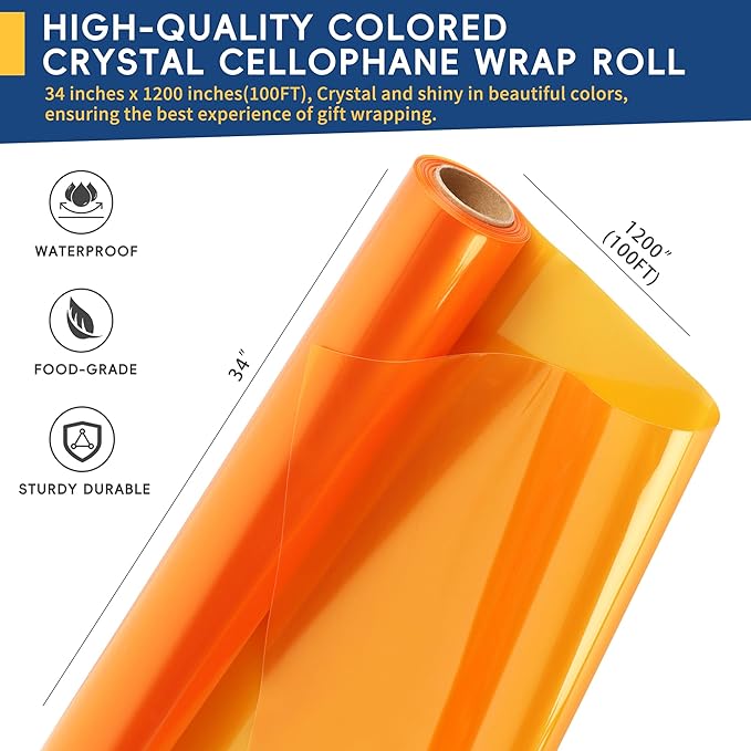 POPGIFTU Cellophane Wrap Roll Gold(34 in x 100 ft)- 3 Mil Thicken Translucent Gold Cellophane Roll, Large Colorful Cello Wrapping Paper for Gift Basket Treats Wrap DIY Arts Crafts Decoration