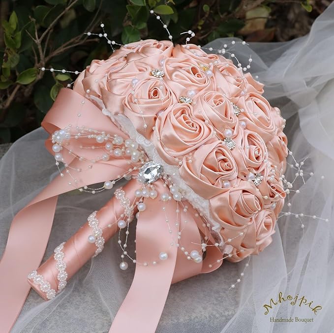 Bridal Wedding Bouquet Round Bling Brooch Bouquet Throw Toss Artificial Rose Flower Bunch for Bride Bridesmaid Wedding Quinceanera(Peach Pink, 8.7")